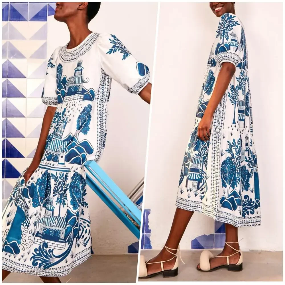 FARM Rio | Women | Ancient Garden Blue White Cotton Poplin Midi Dress | Size XS